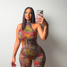 D9540亚马逊欧美热卖女装 性感时尚网纱花朵印花紧身露背连体裤