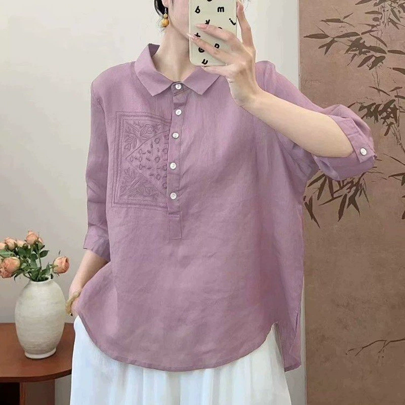 Женская летняя элегантная однотонная рубашка из рами с художественной вышивкой, уменьшающая возраст, стройнящая, модная, простая и универсальная рубашка со средним рукавом.