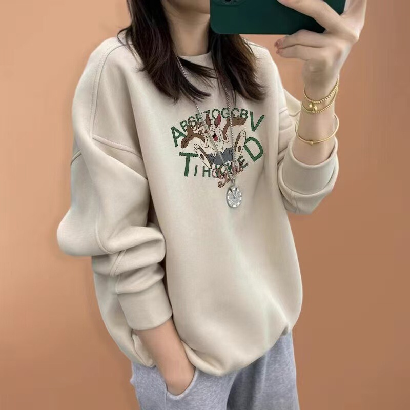 New Autumn and Winter Sweatshirt for Women, Velvet Thickened Printed Loose Round Neck Slimming Top for Women