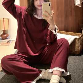 韩国ins女士春秋韩系简约舒适毛巾布花边睡衣套装新年红家居服女