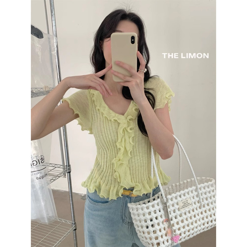 THE LEMON レモングリーンティー 2025 夏 フレンチマルチカラー キノコスリムニットセータートップス|undefined