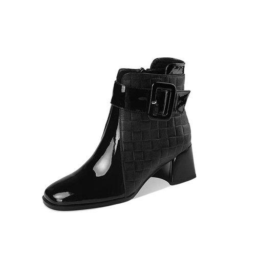Autumn/Winter Trendy Square Toe Thick Heel Elevated High Heel British Style Fleece Lined Short Boots Women's Winter High Heels
