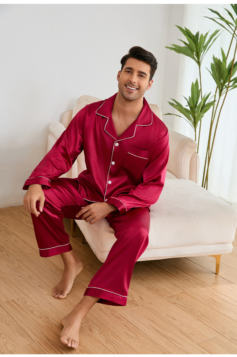 Yaoyin Herren-Pyjama aus Eisseide, Frühlings- und Herbstset, Hochzeits-Set, rote Ärmel, lange Hose, Hausanzug TZ21762_voghion.com