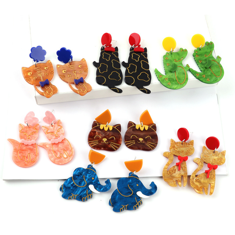 Japanese and Korean cute pet cartoon animal design colorful three-dimensional variety bow cat elephant crocodile acrylic earrings