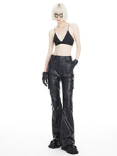 真皮皮裤3604春秋款修身显瘦工装微喇结构工装裤绵羊皮机车长裤女