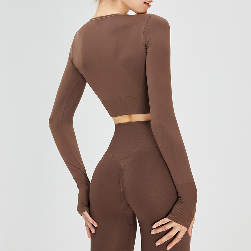 Europa y América nueva camiseta de la Yoga manga larga desnuda elástico Delgado deportes Top V-cuello sexy yoga ropa de entrenamiento para las mujeres