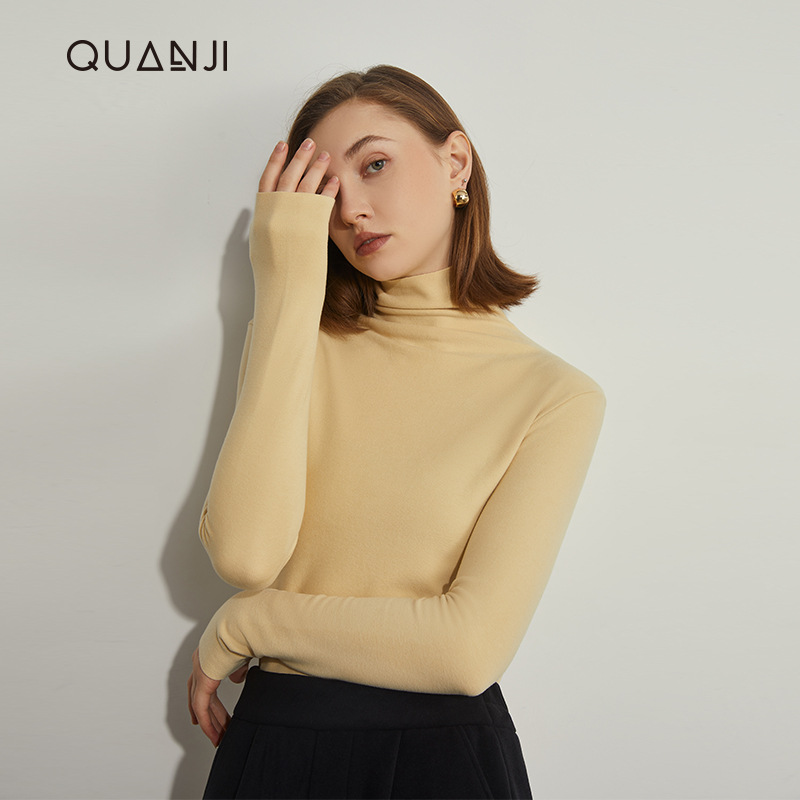 Camisa de fondo de terciopelo alemán otoño e invierno nuevo estilo ácido hialurónico belleza de la piel camisa de fondo de cuello alto sin costuras lijado tira vertical camiseta de manga larga mujer image 5