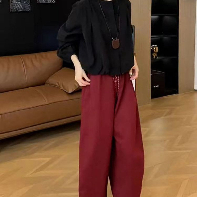 早秋穿搭一整套简约纯色长袖圆领短款衬衫女高腰宽松休闲显瘦长裤|undefined
