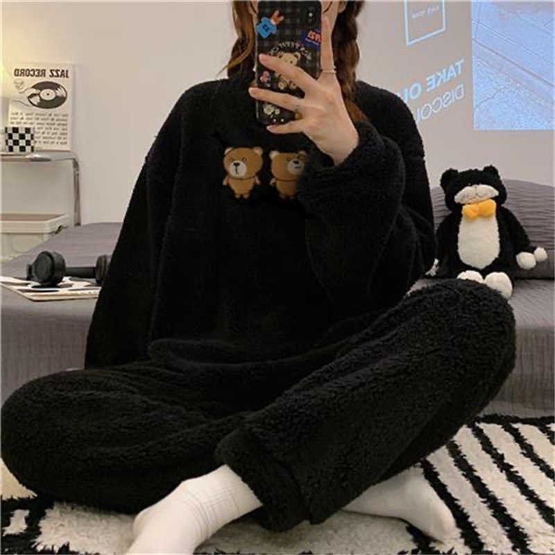 Autumn and Winter Flannel Thickeneded Pajamas for Women New Sweet Cartoon Casual Long-Sleeved Pullover Girls Home Wear Set