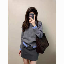 撞色毛衣女2024秋冬季宽松假两件灰蓝拼色针织高级百搭开衫外套