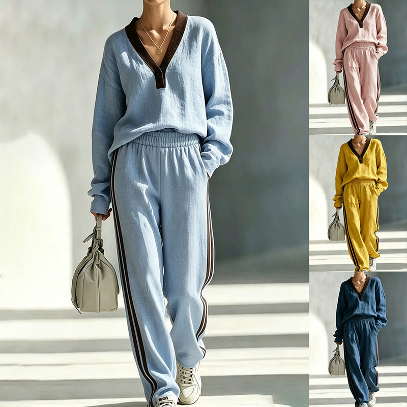 2026 Cross-Border E-Commerce Autumn Women's Casual Suit Color-Blocked V-Neck Long-Sleeved Sweatshirt Loose Pants Two-Piece Set