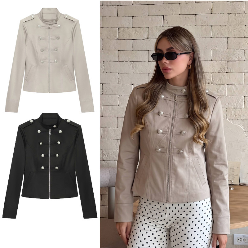 European and American vintage military-style jacket with stand-up collar, epaulettes, silver buckle decoration, zipper, double-breasted buttons, and waist-cinching design European and American vintage military-style jacket with stand-up collar, epaulettes, silver buckle decoration, zipper, double-breasted buttons, and waist-cinching design