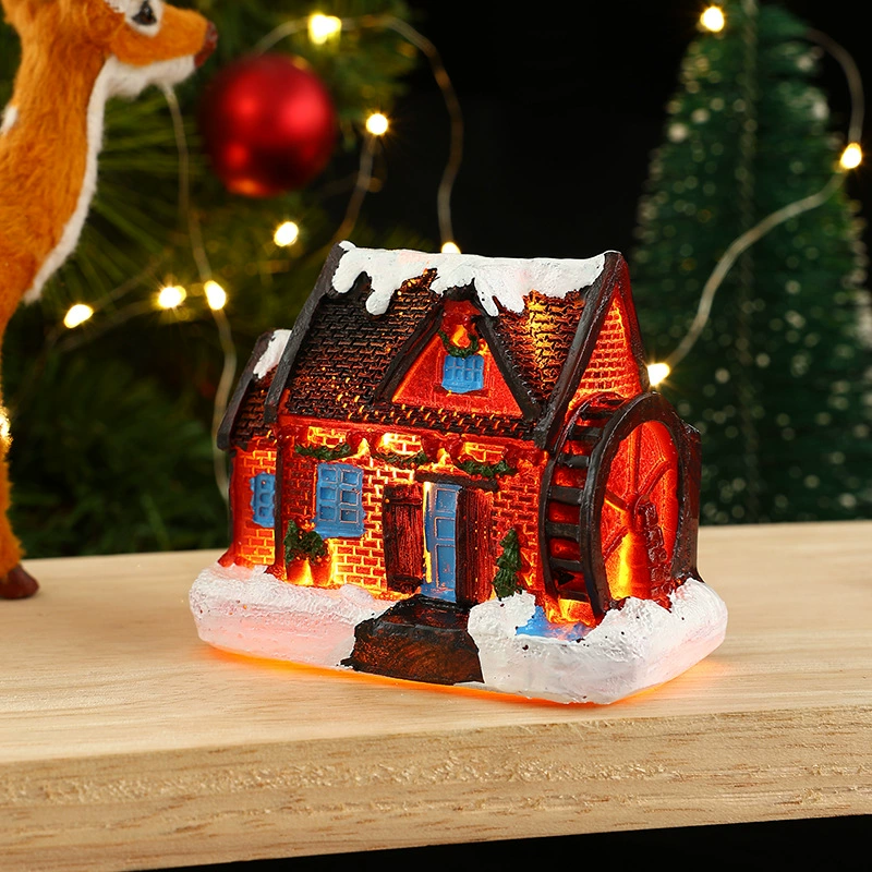 Miniature resin house decorations, micro landscape LED models, battery‑powered, assorted sizes 7–10 cm