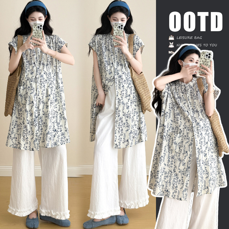 Japanese-style Sweet Loose Mid-length Floral Shirt suit Casual Wide-leg Lace Wide-leg Pants