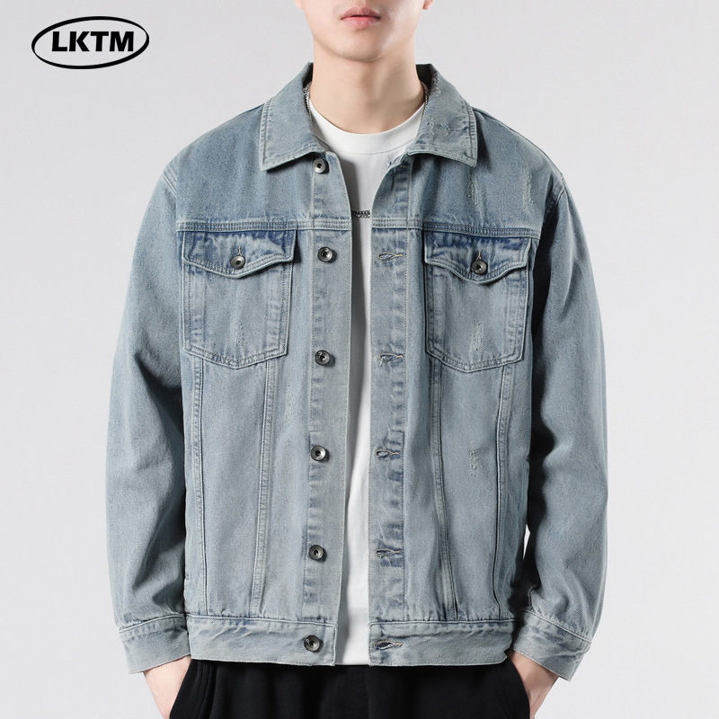 LKTM Men's Wear # Chaqueta de mezclilla azul luz de la luna lavada de la marca de moda estadounidense para hombres, chaqueta de todo fósforo casual guapo