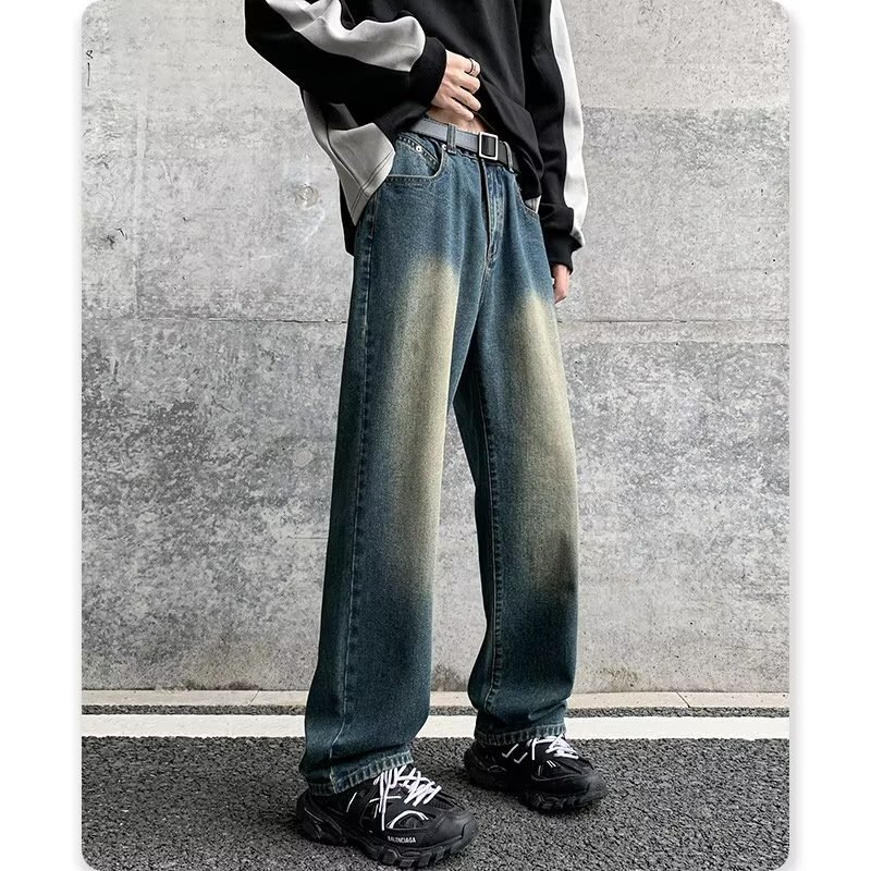 Retro blue washed jeans men's thin casual wide-leg long pants high waist high street straight pants one-piece delivery Retro blue washed jeans men's thin casual wide-leg long pants high waist high street straight pants one-piece delivery