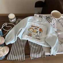 韩版童装2024新款秋季女童卡通印花卫衣儿童洋气格子喇叭裤两件套