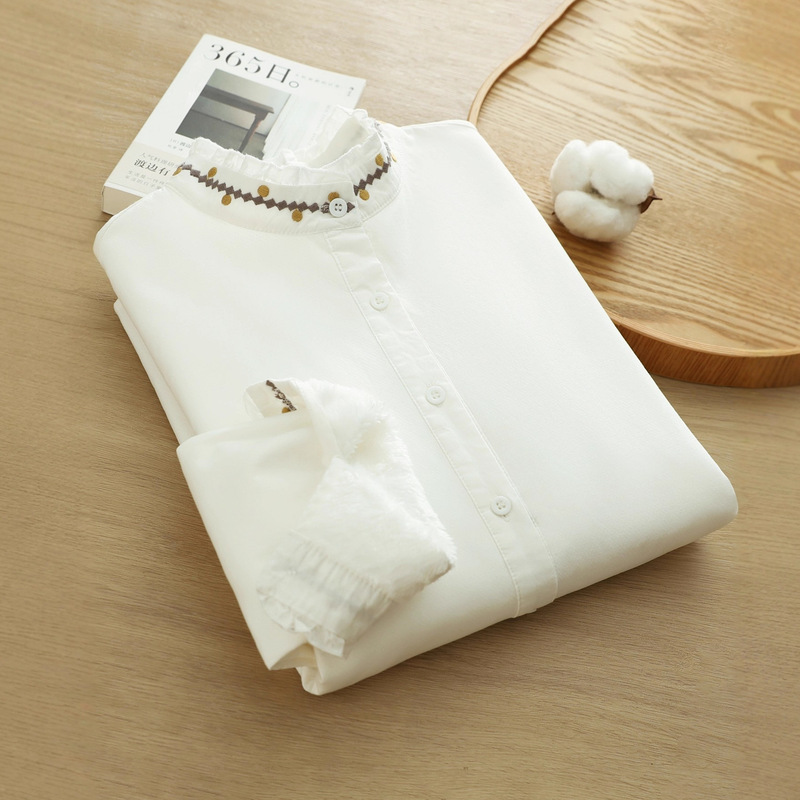 Ruffled Stand Collar Fleece-Lined Long-Sleeve Shirt for Women, Winter Warm Shirt, Vintage Artistic Embroidery, Thickened Base Top