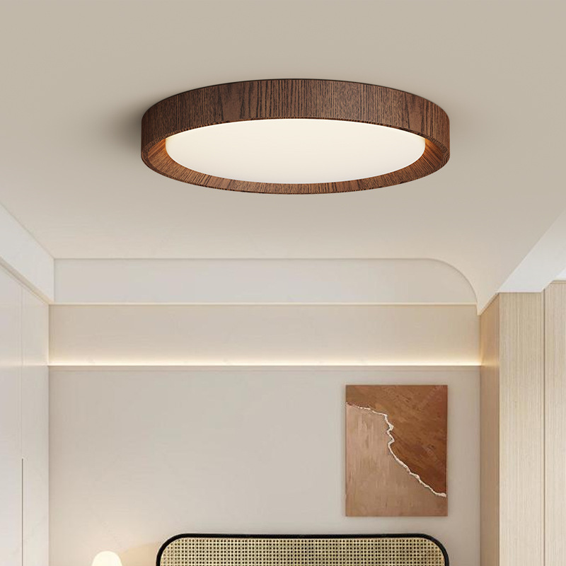 Lámpara de techo del dormitorio principal Antiguo Wabi-Jifeng Inicio Lámpara de habitación redonda de espectro completo Lámpara de estudio de grano de madera de nogal retro