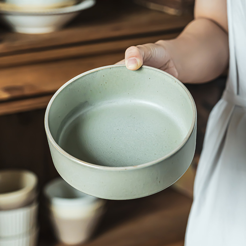 Plato de cerámica de estilo japonés retro, plato de tubo recto, plato de verduras caseras, plato de sopa, plato de vajilla de fondo plano, plato de postres, plato de frutas