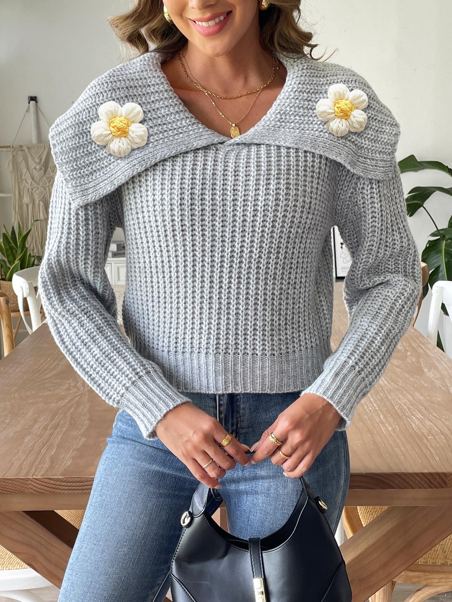 Women's Clothing Women's short tops hand crocheted stitching sweaters women's autumn and winter new large lapel pullover sweaters_voghion.com