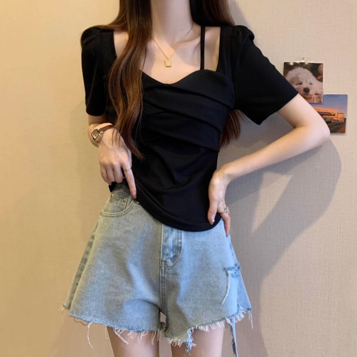 気質フレンチTシャツスクエアネック不規則インスタイル右肩スリム半袖デザインニッチスリムショートトップ|undefined
