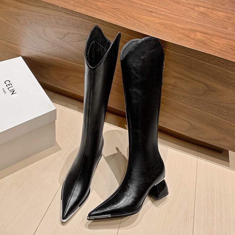Metal Pointed Toe Thick Heel High Boots Brown Trendy Fashion Back Zipper 2025 New Oblique Mouth Slim High Heel Knight Boots