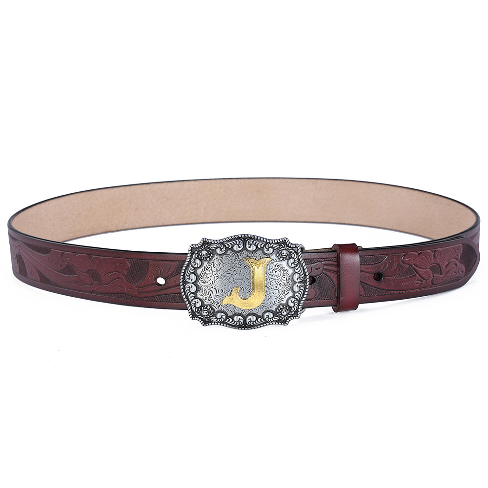 Cinturón de letra J de cuero de vaca, cinturón de estilo europeo y americano, cinturón de cintura retro con jeans, cinturón de hombre, tamaño grande