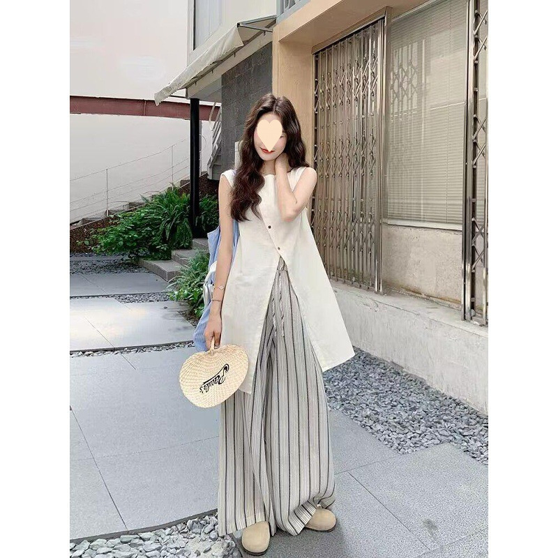 Women's Casual Fashion Sleeveless Shirt Slim Fit Vest Top Stylish Striped Wide-Leg Pants Factory Direct Women's Casual Fashion Sleeveless Shirt Slim Fit Vest Top Stylish Striped Wide-Leg Pants Factory Direct