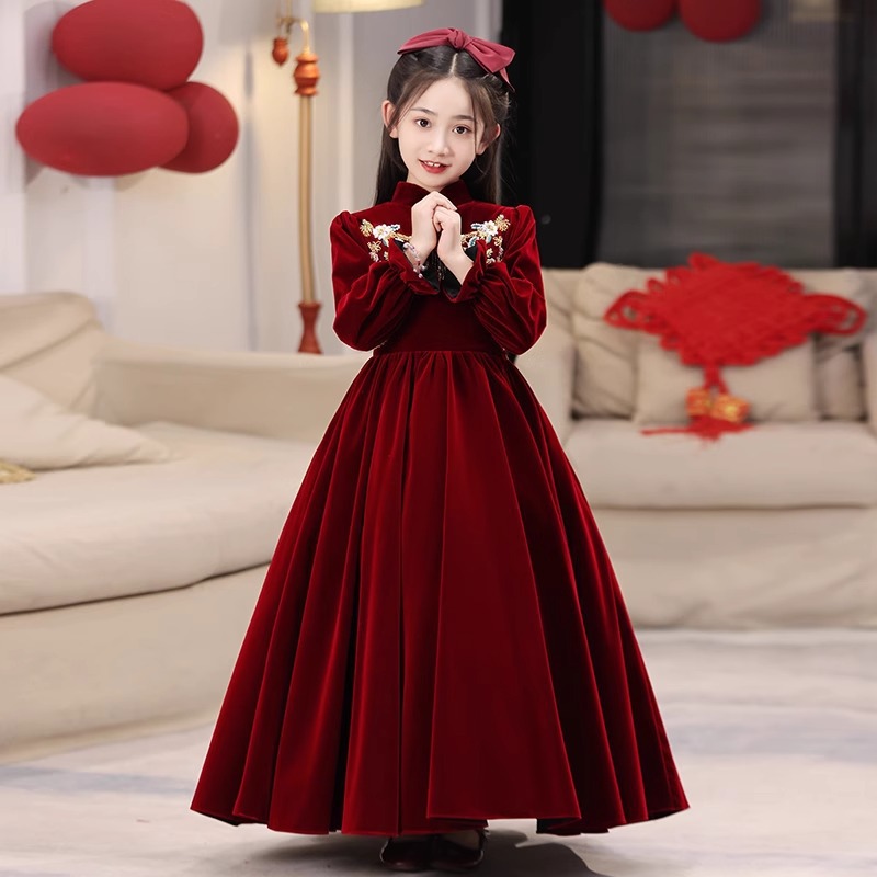 Otoño y invierno vestido rojo de Año Nuevo vestido de niña vestido de princesa vestido de niños anfitriones de alto nivel piano vestido