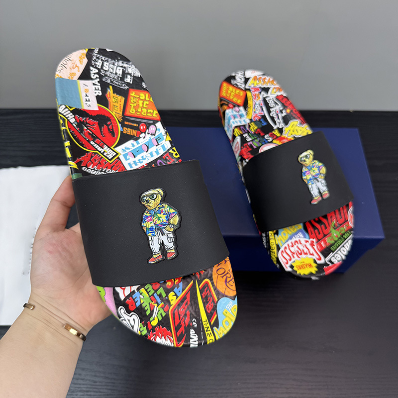 Cross-Border Colorful Printed Men's Slippers Pl Polo Style Soft-Soled Flip-Flops High-End Outdoor Non-Slip Beach Slippers Wholesale