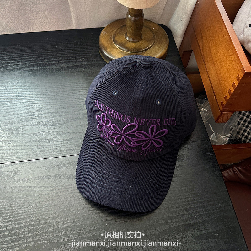 复古撞色三朵花刺绣灯芯绒棒球帽子女秋冬新款百搭休闲遮阳鸭舌帽|undefined