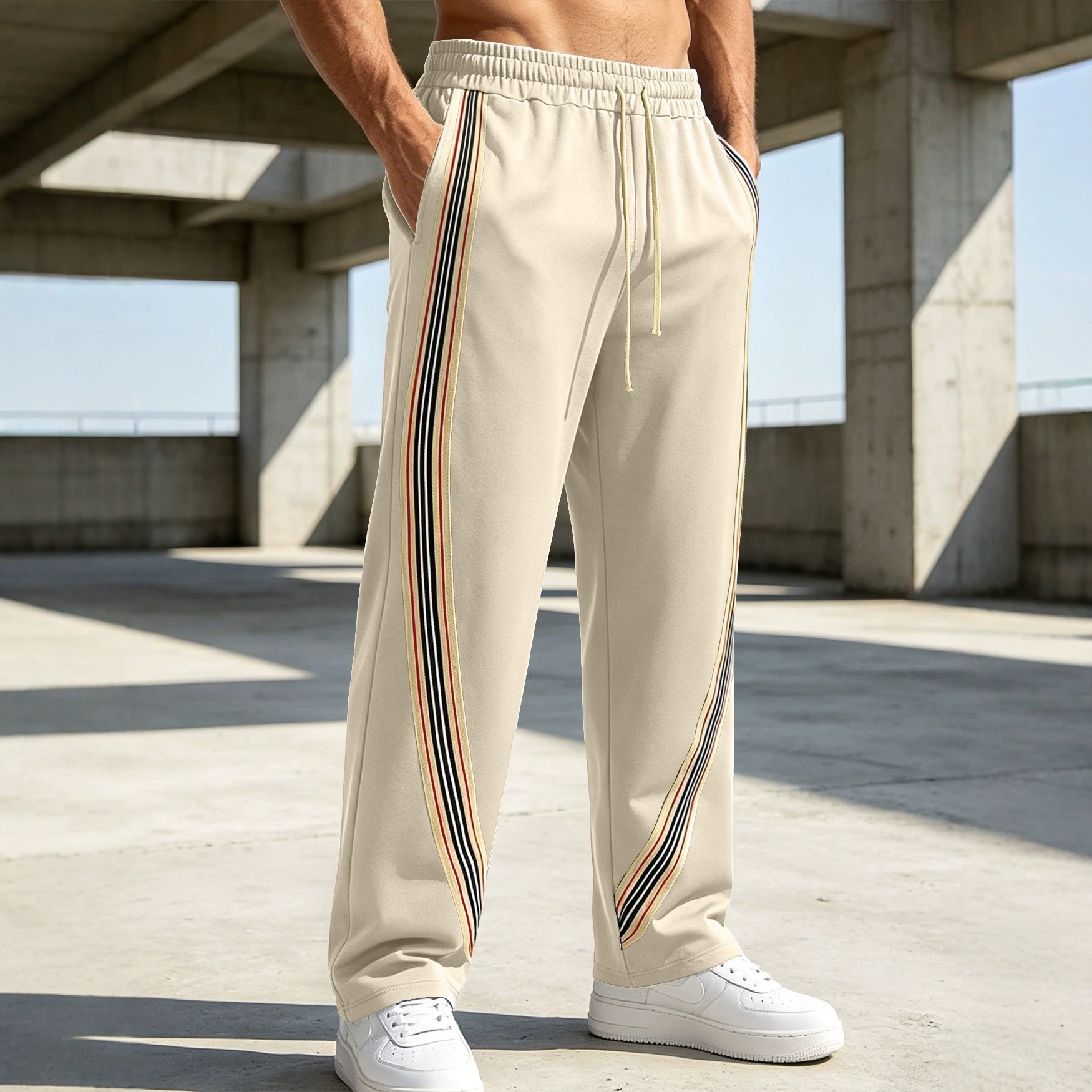 Amazon primavera y verano hombre estilo americano de diseño de rayas transfronterizas empalmado suelto al aire libre ocio pantalones de comercio exterior largos