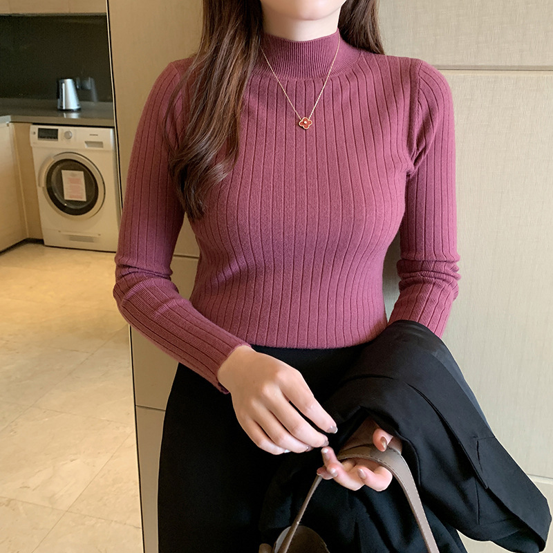 女性用ハーフタートルネックボトリングシャツ、薄手の秋冬新スタイルショートセーター、長袖セーター、ミッドカラートップ|undefined