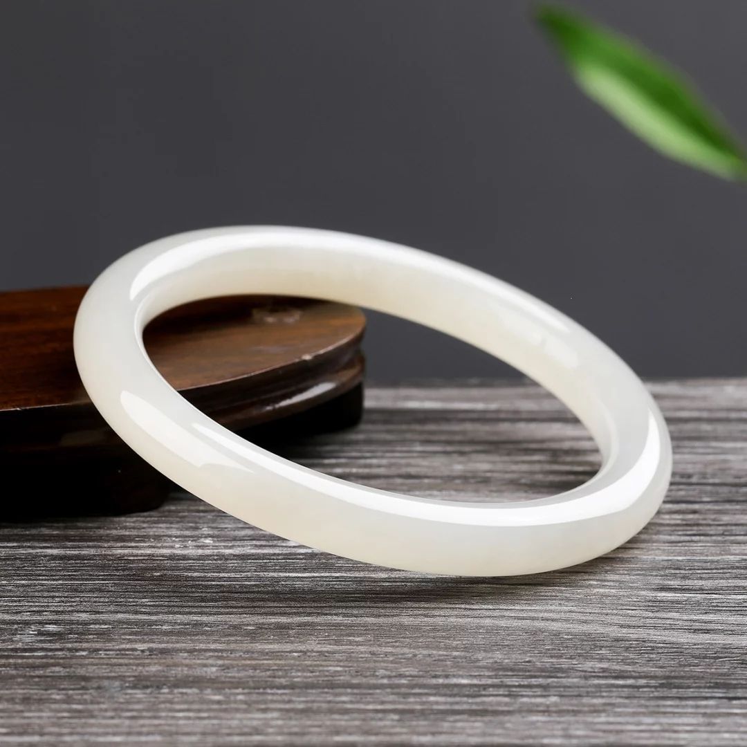 Vòng tay ngọc bích Tân Cương tự nhiên dạng Dingdong dải mỏng mỡ cừu — Vòng tay Dingdong khoảng 7mm để gửi giấy chứng nhận túi quà hộp quà