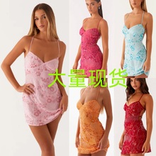 亚马逊25新款跨境欧美女装亮片刺绣裙子性感露背吊带连衣裙女夏