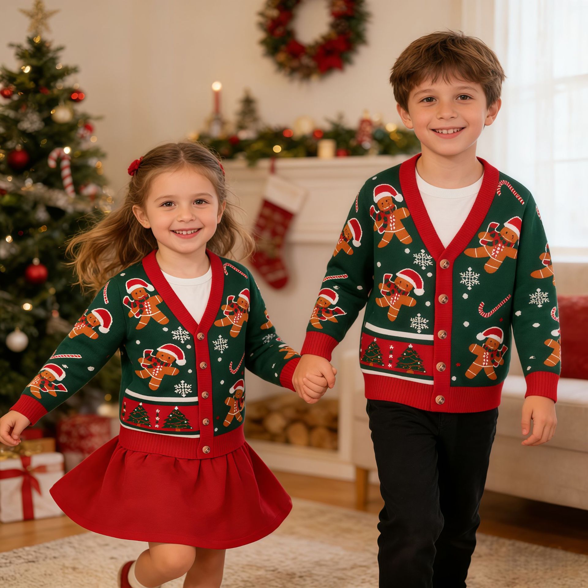 2026新款秋冬欧美圣诞节儿童毛衣外套男女童宝宝撞色提花针织开衫