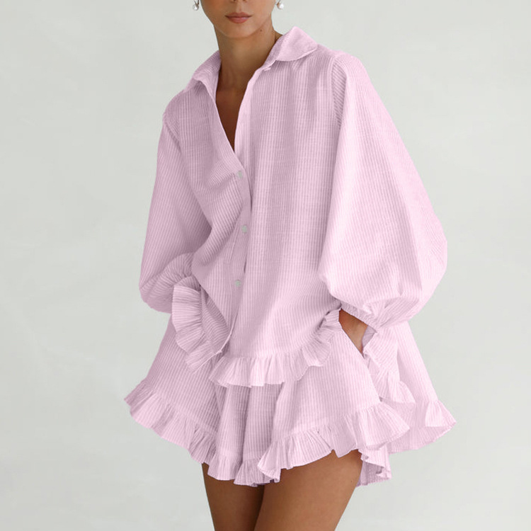 Amazon Women's Fashion Striped Suit Lapel Puff Sleeve Ruffle Shirt Loose Shorts Casual Two-Piece Set Amazon Women's Fashion Striped Suit Lapel Puff Sleeve Ruffle Shirt Loose Shorts Casual Two-Piece Set