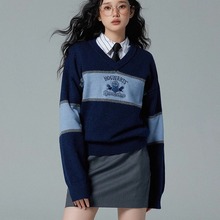 2024春秋新款哈利波特刺绣条纹撞色针织衫毛衣女V领甜美百搭上衣