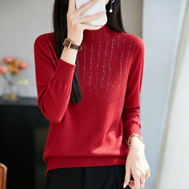 Autumn and Winter Rhinestone Half-Turtleneck Sweater for Women, Pullover Long-Sleeve Sequin Knitwear, Elegant and Slimming New Style Base Shirt