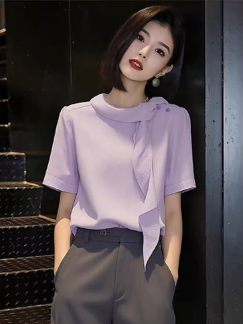 Áo sơ mi ngắn tay nữ phong cách thanh lịch, tay lụa, màu tím — màu tím