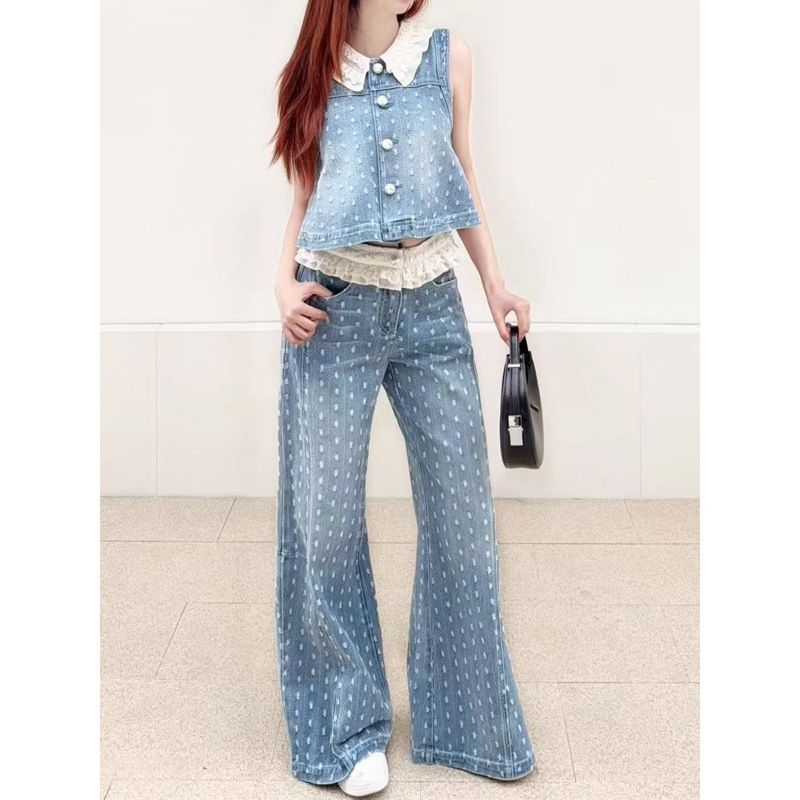 Fashion Patchwork Lace Collar Retro Denim Vest Women's Two-Piece Top Jeans Wide-Leg Pants Set Korean Style Fashion Patchwork Lace Collar Retro Denim Vest Women's Two-Piece Top Jeans Wide-Leg Pants Set Korean Style