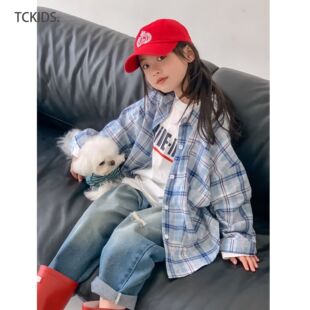 Tckids2025 Autumn Smudged Blue Plaid Neutral Style Shirt Jacket