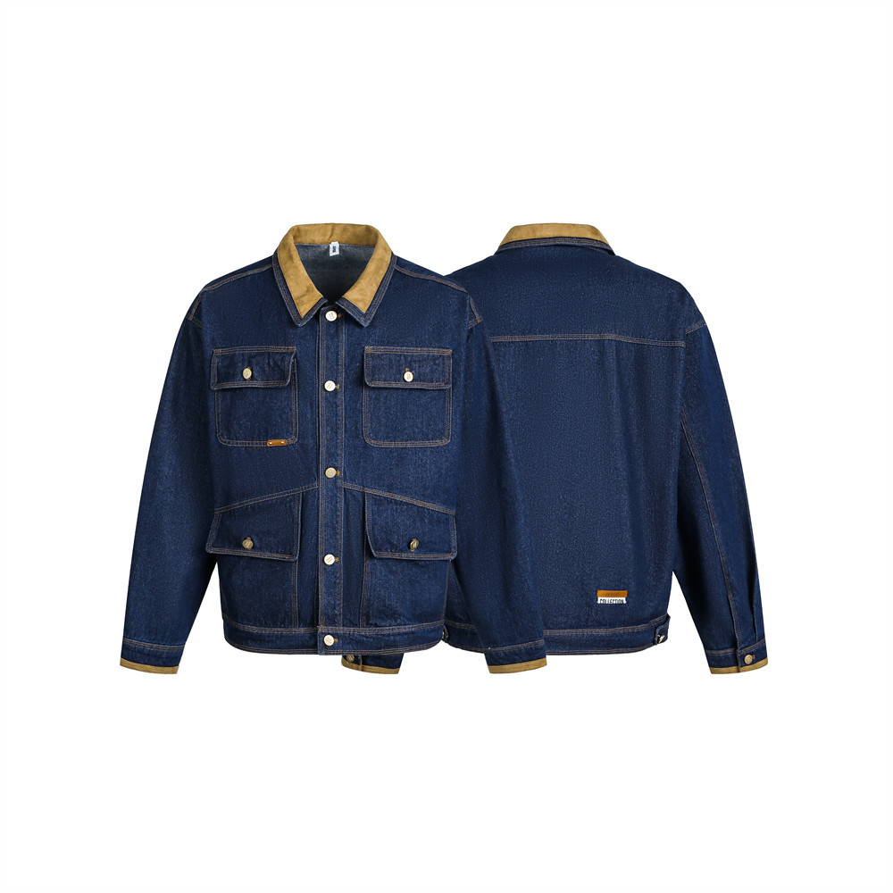 Men's Stylish Denim Work Jacket Ith Multi-Pocket Design, High Street Fashion, Double-Layer Collar, Punk Style, Loose Fit For Casual Wear_voghion.com