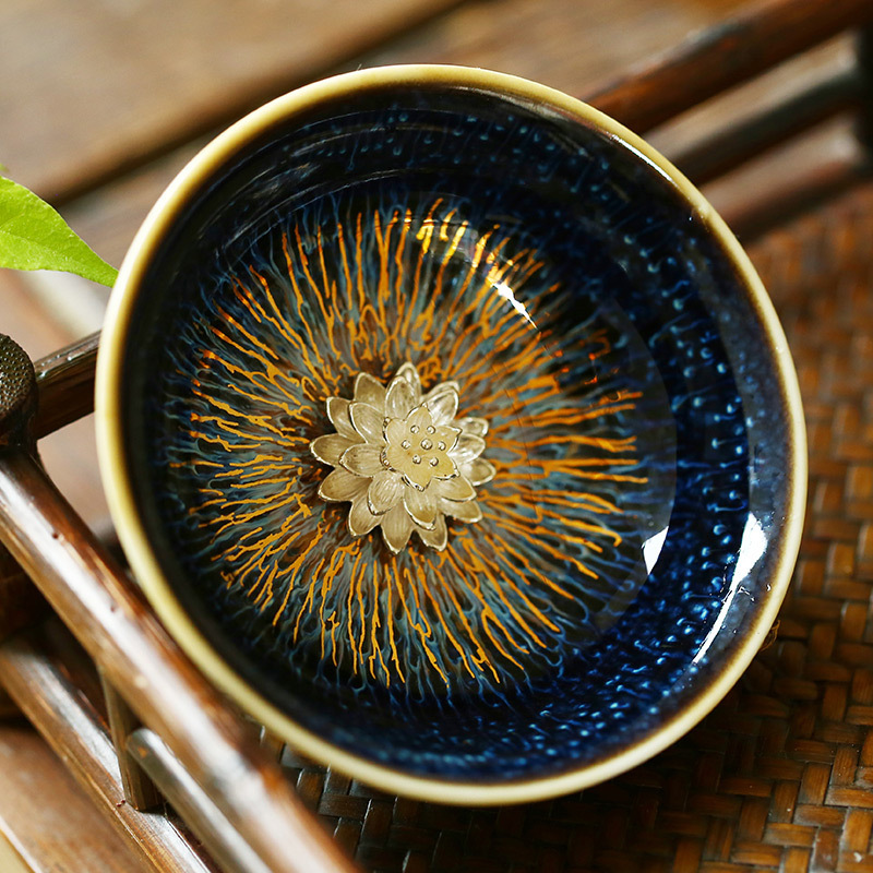 金丝天目釉建盏茶杯兔毫盏镶银主人杯窑变单杯十二生肖银杯陶瓷杯