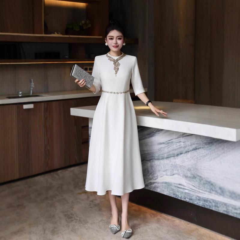 White Rhinestone Dress for Women, Waist-Cinching Three-Quarter Sleeves, Elegant Mid-Length Skirt, Elegant Skirt for Work Clothing, Banquet and Formal Occasions