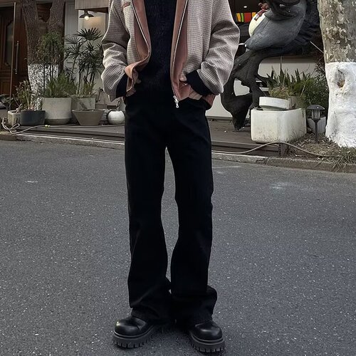 2025 Black Wash Retro Distressed Bootcut Straight Leg Flare Denim Pants Pure Black