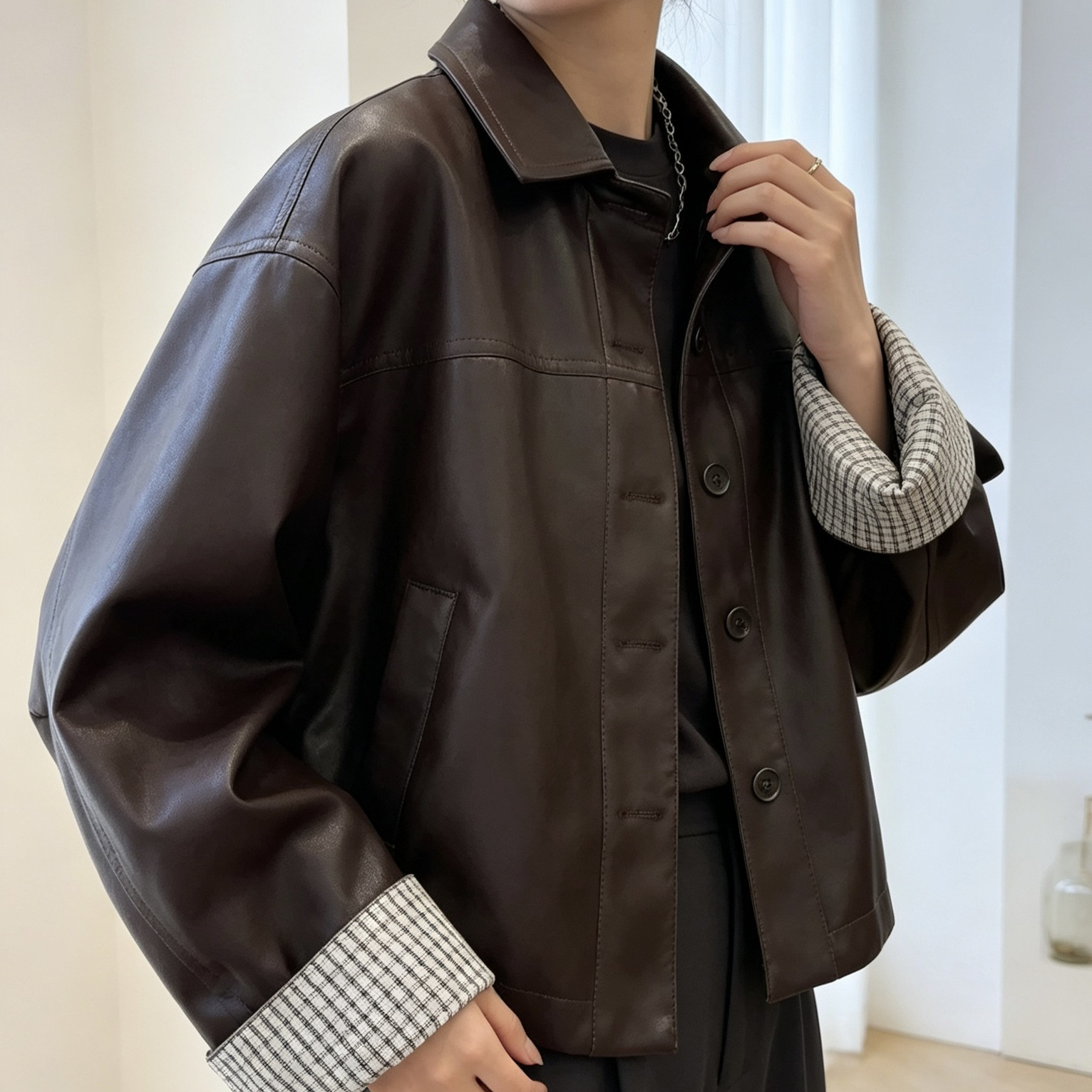 Early Autumn Plus-Size Women's Jacket, Coffee-Colored Lapel Pu Loose-Fitting Short Faux Leather Jacket