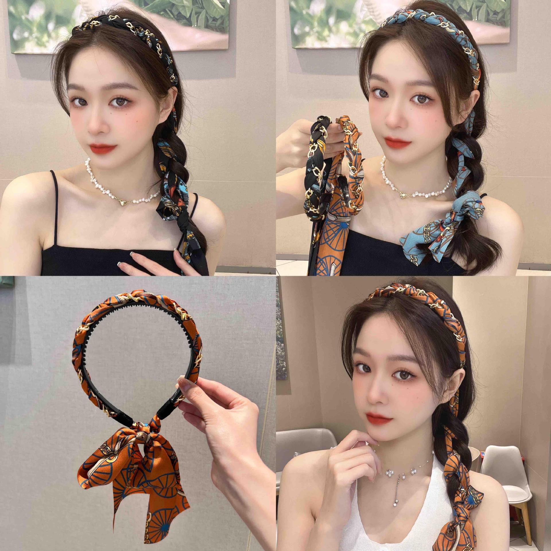 Vintage cadena diadema tela de satén clip de pelo diadema cinta de pelo banda de pelo femenino corbata de una pieza de pelo trenzado tocado verano