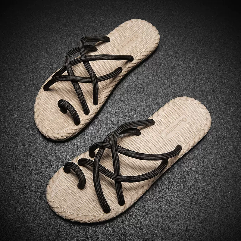 2025新款沙滩百搭厚底休闲时尚高级感编织平底人字凉拖夏季拖鞋男
